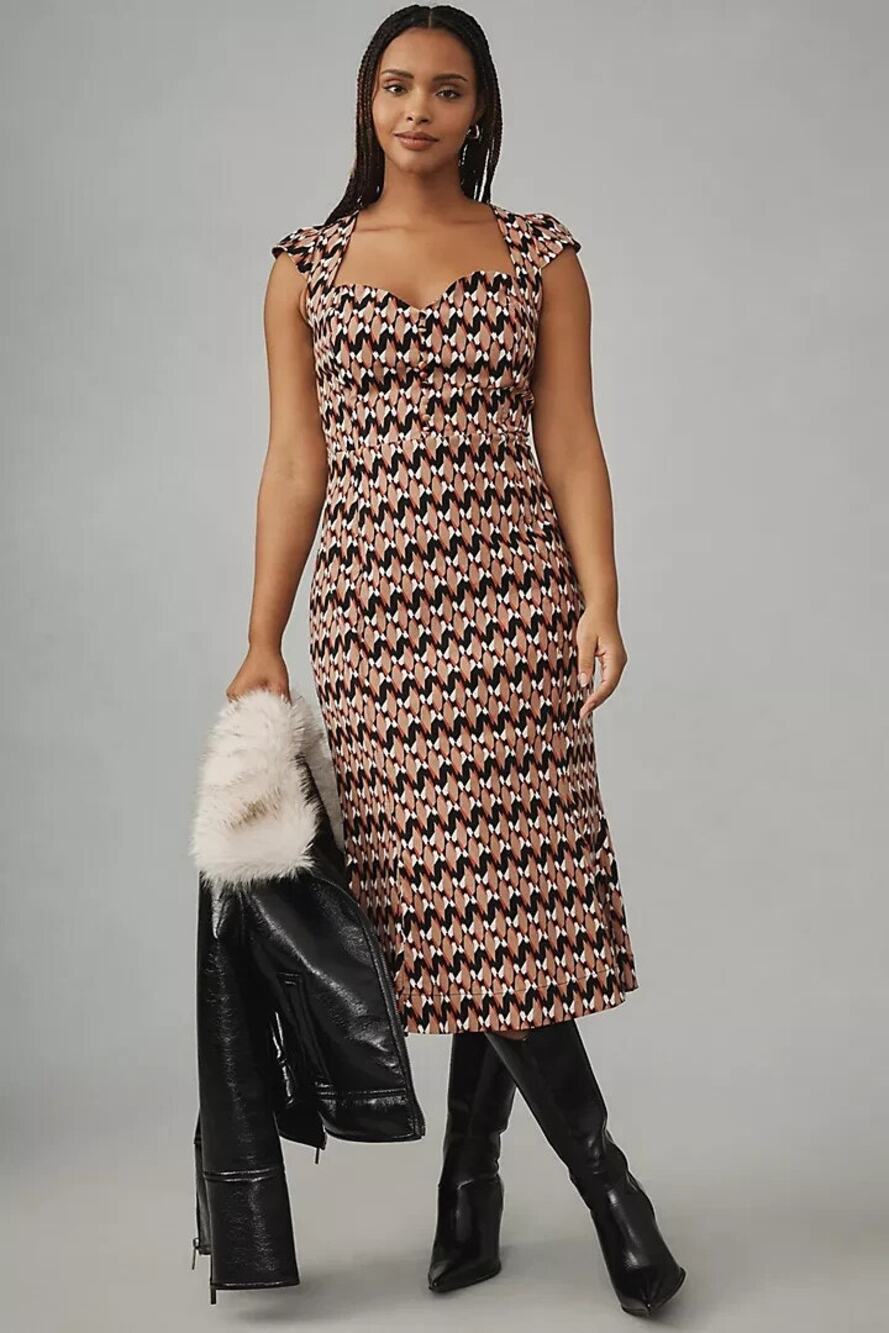 [Anthropologie] Cecily Fit & Flare Geometric Print Midi Dress Sz Large Petite LP